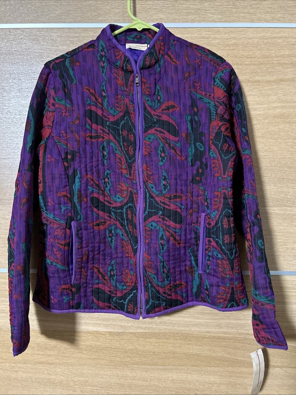 NEW Choices Women Sz Small Quilted Jacket Purple Paisley Print Zip Up JLTJ0101